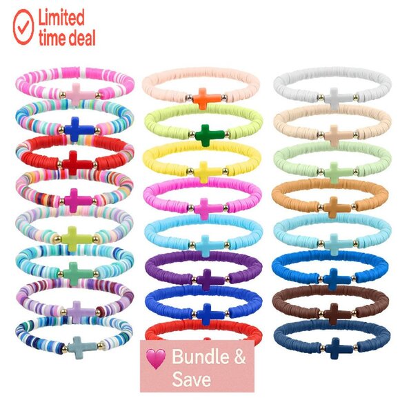 Handmade Polymer Clay Beaded Bracelets, Stretch Fit, Christian Cross Design - Picture 1 of 8